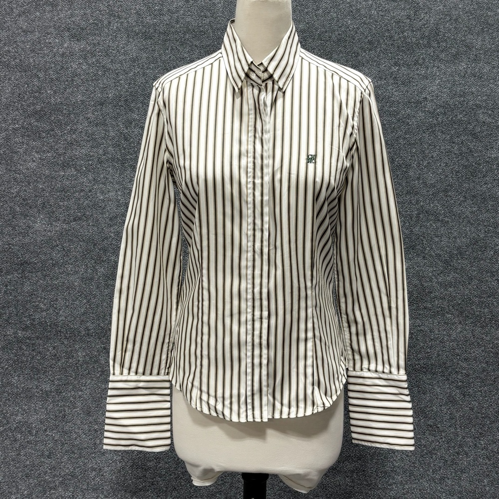 Carolina Herrera Shirt Womens 8 White Stripe Button Front Slim Embroidered Logo